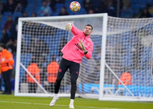 MANCHESTER, ENGLAND, 6th March 2024. Ederson of Manchester City warms up before the UEFA Champions League match at the Etihad Stadium, MANCHESTER. Picture credit should read: Andrew Yates Sportimage EDITORIAL USE ONLY. No use with unauthorised audio, video, data, fixture lists, club league logos or live services. Online in-match use limited to 120 images, no video emulation. No use in betting, games or single club league player publications. SPI-2988-0017