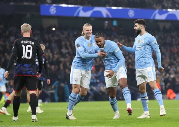Manuel Akanji of Manchester City celebrates scoring the opening goal with team-mates Manchester City v FC Copenhagen, UEFA Champions League, Round of 16, Second Leg, Football, Etihad Stadium, Manchester, UK - 06 Mar 2024 EDITORIAL USE ONLY No use with unauthorised audio, video, data, fixture lists, club league logos or live services. Online in-match use limited to 120 images, no video emulation. No use in betting, games or single club league player publications. Copyright: xMichaelxZemanek Shutterstockx 14378804d
