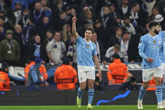 UEFA Champions League Manchester City v F.C. Copenhagen Julian Ãlvarez of Manchester City celebrates his goal to make it 2-0 during the UEFA Champions League match Manchester City vs F.C. Copenhagen at Etihad Stadium, Manchester, United Kingdom, 6th March 2024 (Photo by Mark Cosgrove News Images) Manchester Etihad Stadium Manchester United, ManU Kingdom Copyright: xMarkxCosgrove NewsxImagesx