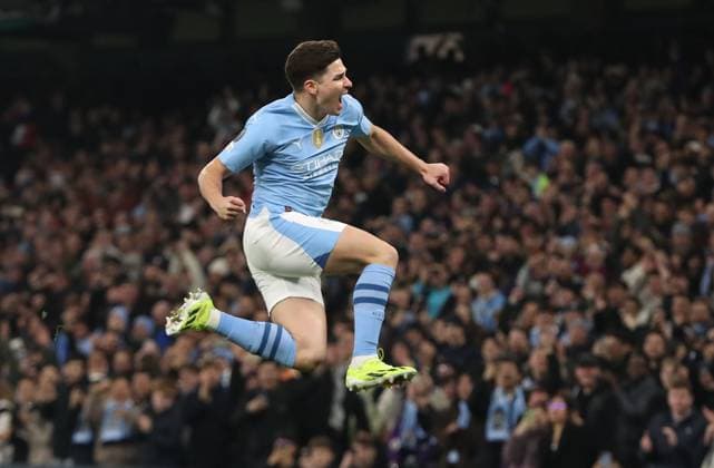 Julian Alvarez of Manchester City celebrates scoring his sides second goal Manchester City v FC Copenhagen, UEFA Champions League, Round of 16, Second Leg, Football, Etihad Stadium, Manchester, UK - 06 Mar 2024 EDITORIAL USE ONLY No use with unauthorised audio, video, data, fixture lists, club league logos or live services. Online in-match use limited to 120 images, no video emulation. No use in betting, games or single club league player publications. Copyright: xMichaelxZemanek Shutterstockx 14378804i
