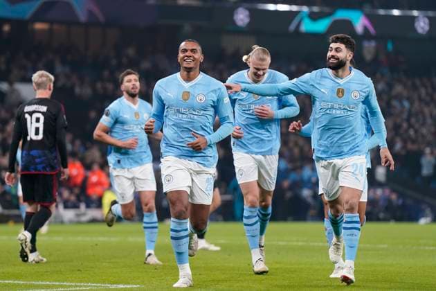 MANCHESTER, ENGLAND, 6th March 2024. Manuel Akanji (C) of Manchester City celebrates after scoring to make it 1-0 during the UEFA Champions League match at the Etihad Stadium, MANCHESTER. Picture credit should read: Andrew Yates Sportimage EDITORIAL USE ONLY. No use with unauthorised audio, video, data, fixture lists, club league logos or live services. Online in-match use limited to 120 images, no video emulation. No use in betting, games or single club league player publications. SPI-2988-0055