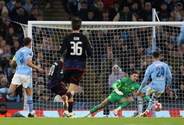 6th March 2024; Etihad Stadium, Manchester, England; Champions League Football, Round of 16, Manchester City versus Copenhagen; Mohamed Elyounoussi of FC Copenhagen beats Manchester City goalkeeper Ederson to score for 2-1  ActionPlus12615736 DavidxBlunsden