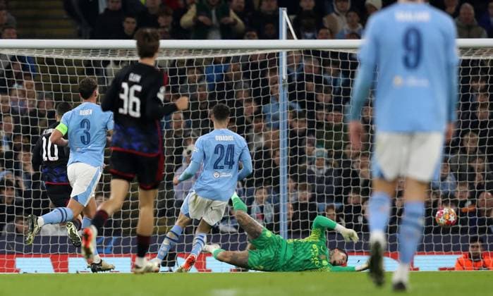 6th March 2024; Etihad Stadium, Manchester, England; Champions League Football, Round of 16, Manchester City versus Copenhagen; Mohamed Elyounoussi of FC Copenhagen beats Manchester City goalkeeper Ederson to score for 2-2 after 29 minutes  ActionPlus12615738 DavidxBlunsden