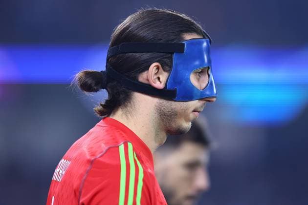 Kamil Grabara of F.C Copenhagen wearing a face protecting mask Manchester City v FC Copenhagen, UEFA Champions League, Round of 16, Second Leg, Football, Etihad Stadium, Manchester, UK - 06 Mar 2024 EDITORIAL USE ONLY No use with unauthorised audio, video, data, fixture lists, club league logos or live services. Online in-match use limited to 120 images, no video emulation. No use in betting, games or single club league player publications. Copyright: xMichaelxZemanek Shutterstockx 14378804ai