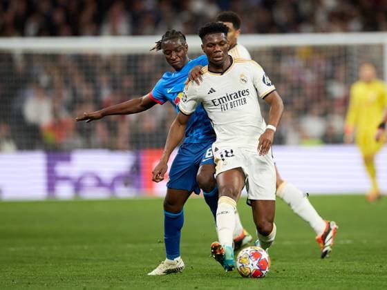 Aurelien TchouamÃ ni of Real Madrid CF (R) in action with Amadou Haidara of RB Leipzig (L) during the UEFA Champions League match between Real Madrid v RB Leipzig at Santiago Bernabeu on March 6, 2024 in Madrid (Photo by: LGM) FOOTBALL : Real Madrid vs RB Leipzig - UEFA Ligue des Champions - 06 03 2024 LGM Panoramic 