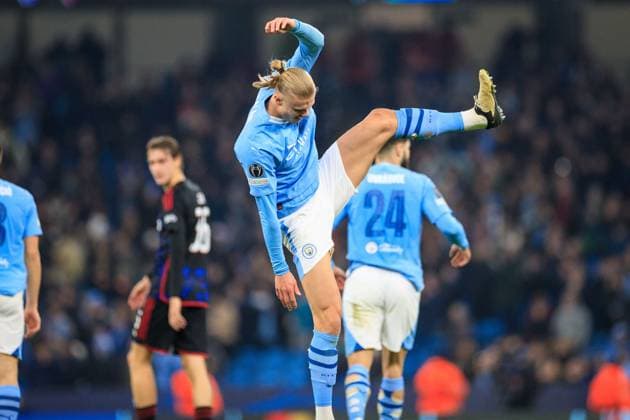 Manchester City v F.C. Copenhagen: Round of 16 Second Leg - UEFA Champions League 2023 24 Erling Haaland, wearing the number 9 jersey for Manchester City, is celebrating his goal during the UEFA Champions League Round of 16 match between Manchester City and FC Copenhagen at the Etihad Stadium in Manchester, on March 6, 2024. United Kingdom  Copyright: xMIxNewsx originalFilename:fletcher-manchest240306_npPYS.jpg