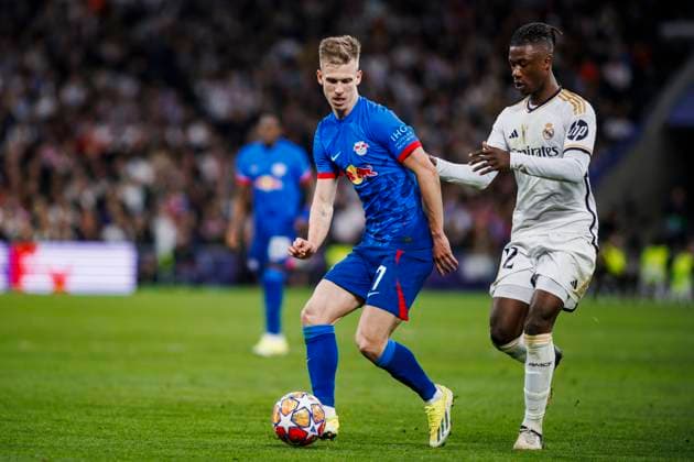 March 6, 2024, Madrid, Spain: Dani Olmo battles for the ball with Eduardo Camavinga of Real Madrid CF during the Champions League match between Real Madrid and RB Leipzig at Santiago Bernabeu Stadium on March 6, 2024 in Madrid, Spain. Madrid Spain - ZUMAd159 20240306_zia_d159_031 Copyright: xMaxDexGraciaxJimenezx