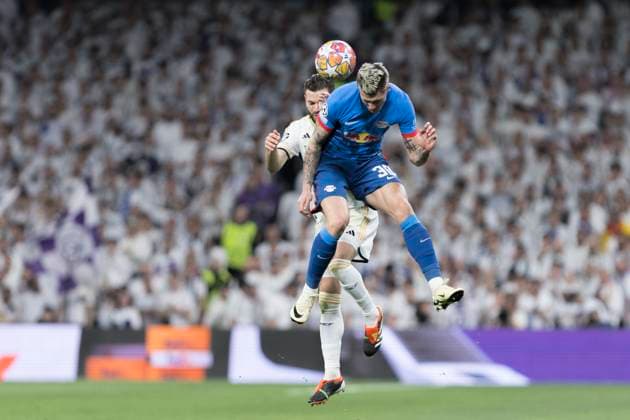 MADRID, SPAIN - MARCH 6: Nacho Fernandez of Real Madrid and Benjamin Sesko of RB Leipzig during the UEFA CHAMPIONS LEAGUE 2023 24 match between Real Madrid and RB Leipzig at Santiago Bernabeu Stadium. ONLYxEDITORIALxUSAGE  (246406676)