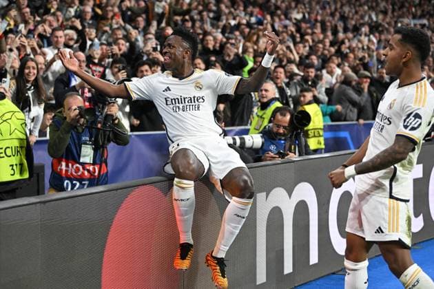 Madrid, Estadio Santiago Bernabeu, 06 03 24, GER, Men, UEFA Champions League, Season 2023 2024, Round of 16, Real Madrid CF RB Leipzig Picture VINICIUS JUNIOR Real Madrid cheers after his goal for 1 0 Only for editorial use UEFA regulations prohibit any use of photographs as image sequences and or quasi video Spain