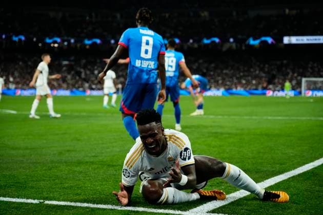 Real Madrid CF v RB Leipzig: Round of 16 Second Leg - UEFA Champions League 2023 24 Vinicius Junior left winger of Real Madrid and Brazil reacts during the UEFA Champions League 2023 24 round of 16 second leg match between Real Madrid CF and RB Leipzig at Estadio Santiago Bernabeu on March 6, 2024 in Madrid, Spain. Madrid Spain  Copyright: xJosexBretonx originalFilename:breton-realmadr240306_npihX.jpg