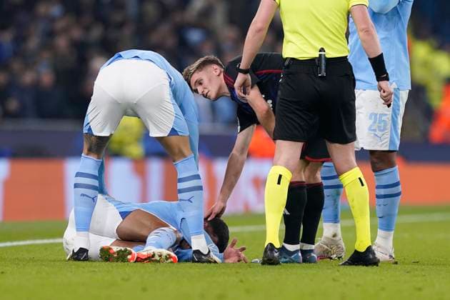 MANCHESTER, ENGLAND, 6th March 2024. Matheus Nunes of Manchester City lays on the floor as he suffers a dislocated finger during the UEFA Champions League match at the Etihad Stadium, MANCHESTER. Picture credit should read: Andrew Yates Sportimage EDITORIAL USE ONLY. No use with unauthorised audio, video, data, fixture lists, club league logos or live services. Online in-match use limited to 120 images, no video emulation. No use in betting, games or single club league player publications. SPI-2988-0060