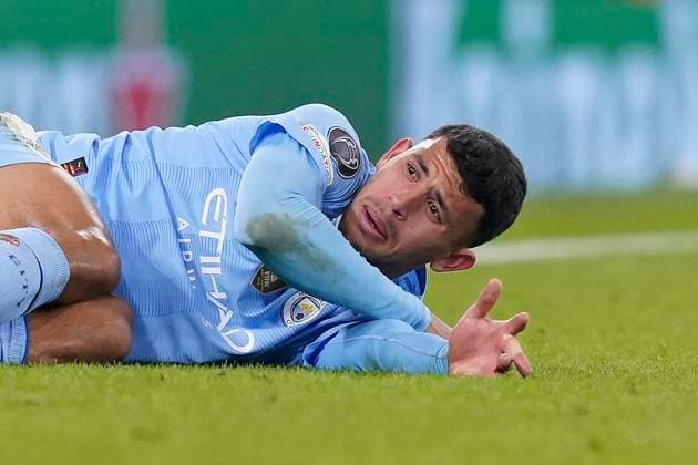 MANCHESTER, ENGLAND, 6th March 2024. Matheus Nunes of Manchester City lays on the floor as he suffers a dislocated finger during the UEFA Champions League match at the Etihad Stadium, MANCHESTER. Picture credit should read: Andrew Yates Sportimage EDITORIAL USE ONLY. No use with unauthorised audio, video, data, fixture lists, club league logos or live services. Online in-match use limited to 120 images, no video emulation. No use in betting, games or single club league player publications. SPI-2988-0063