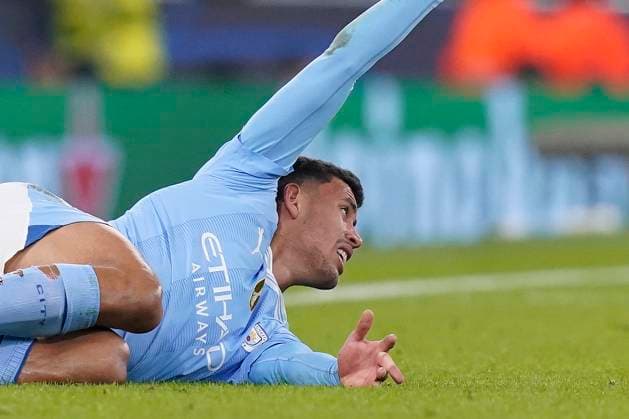 MANCHESTER, ENGLAND, 6th March 2024. Matheus Nunes of Manchester City lays on the floor as he suffers a dislocated finger during the UEFA Champions League match at the Etihad Stadium, MANCHESTER. Picture credit should read: Andrew Yates Sportimage EDITORIAL USE ONLY. No use with unauthorised audio, video, data, fixture lists, club league logos or live services. Online in-match use limited to 120 images, no video emulation. No use in betting, games or single club league player publications. SPI-2988-0064