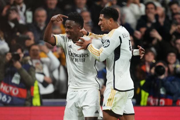 Vinicius Jr of Real Madrid celebrates the 1-0 with Jude Bellingham Real Madrid v RB Leipzig. UEFA Champions League match. Round of 16.. Football, Santiago Bernabeu Stadium, Madrid, Spain - 6 March 2024 Editorial use only  Copyright: xBaguxBlanco PRESSINPHOTO Shutterstockx 14379559am