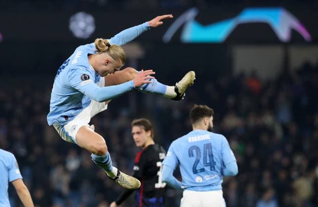 6th March 2024; Etihad Stadium, Manchester, England; Champions League Football, Round of 16, Manchester City versus Copenhagen; Erling Haaland of Manchester City celebrates after scoring for 3-1 after 3 added minutes at the end of the first half  ActionPlus12615774 DavidxBlunsden