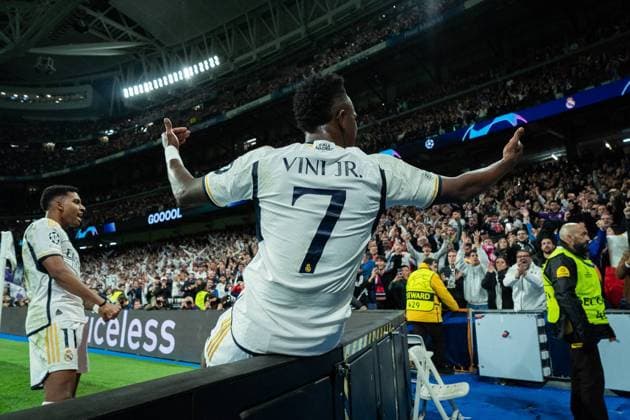 UEFA Champions League soccer match round of 16, second leg soccer match between Real Madrid and RB Leipzig at Bernabeu stadium in Madrid. 06 March 2024 Vinicius celebrates a goal 900 Cordon Press  900 CordonxPress LOF - UEFA Champions League Real Madrid vs RB Leipzig