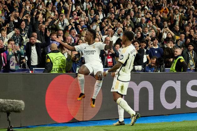 Vinicius Junior of Real Madrid CF celebrates his goal during the UEFA Champions League match between Real Madrid v RB Leipzig at Santiago Bernabeu on March 6, 2024 in Madrid (Photo by: LGM) FOOTBALL : Real Madrid vs RB Leipzig - UEFA Ligue des Champions - 06 03 2024 LGM Panoramic 