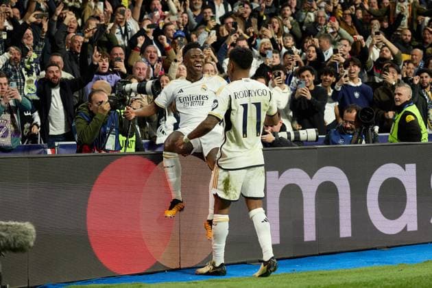 Vinicius Junior of Real Madrid CF celebrates his goal during the UEFA Champions League match between Real Madrid v RB Leipzig at Santiago Bernabeu on March 6, 2024 in Madrid (Photo by: LGM) FOOTBALL : Real Madrid vs RB Leipzig - UEFA Ligue des Champions - 06 03 2024 LGM Panoramic 