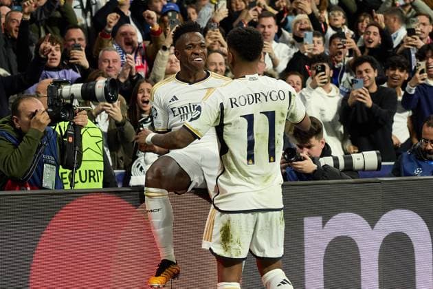 Vinicius Junior of Real Madrid CF celebrates his goal during the UEFA Champions League match between Real Madrid v RB Leipzig at Santiago Bernabeu on March 6, 2024 in Madrid (Photo by: LGM) FOOTBALL : Real Madrid vs RB Leipzig - UEFA Ligue des Champions - 06 03 2024 LGM Panoramic 