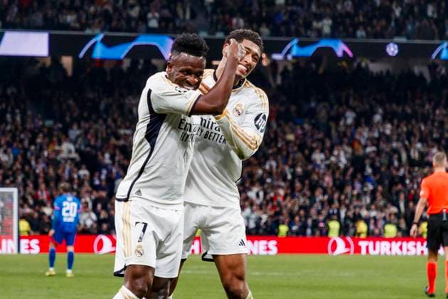 March 6, 2024, Madrid, Spain: Vinicius Junior of Real Madrid CF celebrates his goal during the Champions League match between Real Madrid and RB Leipzig at Santiago Bernabeu Stadium on March 6, 2024 in Madrid, Spain. Madrid Spain - ZUMAd159 20240306_zia_d159_045 Copyright: xMaxDexGraciaxJimenezx