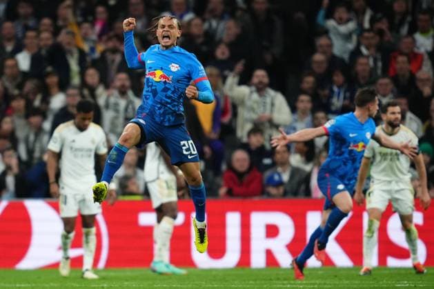 Xavi Simons of RB Leipzig celebrates the 1-1 Real Madrid v RB Leipzig. UEFA Champions League match. Round of 16.. Football, Santiago Bernabeu Stadium, Madrid, Spain - 6 March 2024 Editorial use only  Copyright: xBaguxBlanco PRESSINPHOTO Shutterstockx 14379559aw