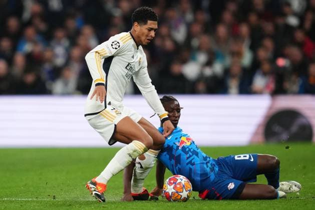Jude Bellingham of Real Madrid and Amadou Haidara of RB Leipzig Real Madrid v RB Leipzig. UEFA Champions League match. Round of 16.. Football, Santiago Bernabeu Stadium, Madrid, Spain - 6 March 2024 Editorial use only  Copyright: xBaguxBlanco PRESSINPHOTO Shutterstockx 14379559ax