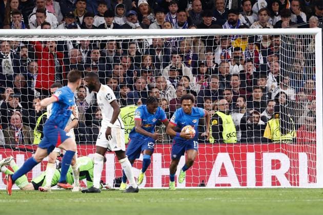 March 6, 2024, Madrid, Madrid, SPAIN: Lois Openda of RB Leipzig celebrates a goal scored by Willi Orban during the UEFA CHampions League, Round of 16, football match played between Real Madrid and RB Leipzig at Santiago Bernabeu stadium on March 06, 2024, in Madrid, Spain. Madrid SPAIN - ZUMAa181 20240306_zaa_a181_100 Copyright: xOscarxJ.xBarrosox