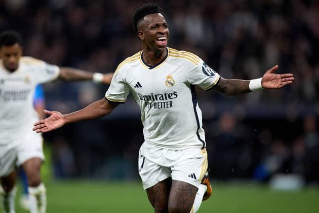 Vinicius Junior of Real Madrid CF celebrates his goal during the UEFA Champions League match between Real Madrid v RB Leipzig at Santiago Bernabeu on March 6, 2024 in Madrid (Photo by: LGM) FOOTBALL : Real Madrid vs RB Leipzig - UEFA Ligue des Champions - 06 03 2024 LGM Panoramic 