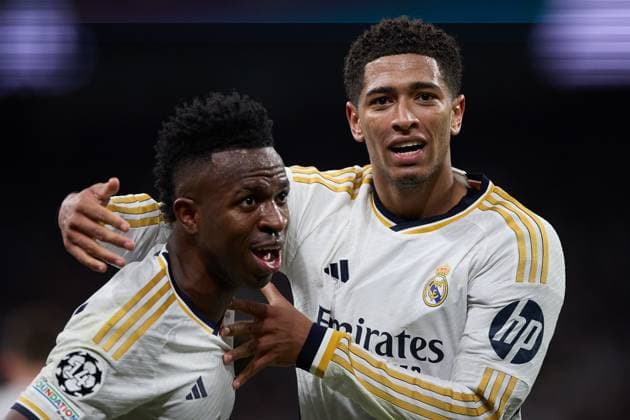 Vinicius Junior of Real Madrid CF (L) celebrates his goal with Jude Bellingham of Real Madrid CF (R) during the UEFA Champions League match between Real Madrid v RB Leipzig at Santiago Bernabeu on March 6, 2024 in Madrid (Photo by: LGM) FOOTBALL : Real Madrid vs RB Leipzig - UEFA Ligue des Champions - 06 03 2024 LGM Panoramic 