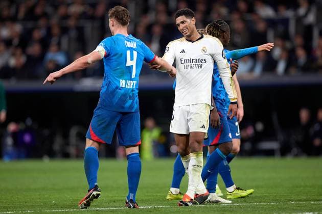 Jude Bellingham of Real Madrid CF (R) with Willi Orban of RB Leipzig (L) during the UEFA Champions League match between Real Madrid v RB Leipzig at Santiago Bernabeu on March 6, 2024 in Madrid (Photo by: LGM) FOOTBALL : Real Madrid vs RB Leipzig - UEFA Ligue des Champions - 06 03 2024 LGM Panoramic 