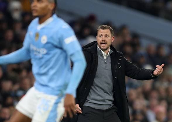 6th March 2024; Etihad Stadium, Manchester, England; Champions League Football, Round of 16, Manchester City versus Copenhagen; FC Copenhagen manager Jacob Neestrup reacts to play  ActionPlus12615790 DavidxBlunsden