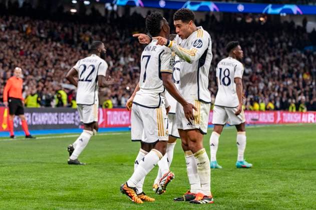 Uefa Champions League: Real Madrid vs RB Leipzig; Round of 16 Second Leg Vinicius Junior of Real Madrid (L) celebrate his goal with Jude Bellingham of Real Madrid (R) during the UEFA Champions League 2023 24 round of 16 second leg match between Real Madrid CF and RB Leipzig at Estadio Santiago Bernabeu on March 6, 2024 in Madrid, Spain. Madrid Estadio Santiago Bernabeu Spain Copyright: xAlbertoxGardinx AGardin_20240306_football_ChampionsLeague_Real_Madrid_vs_RB_Leipzig_10