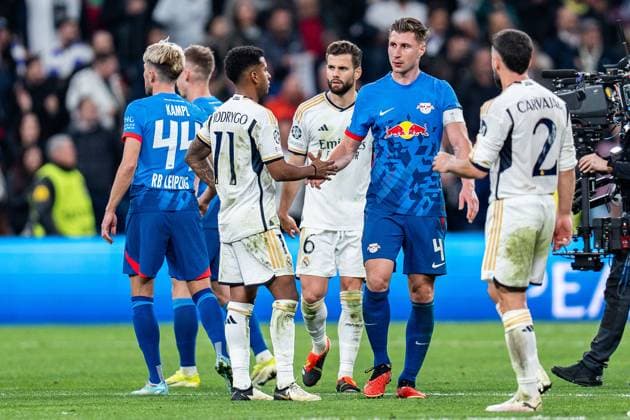 Daniel Carvajal Real Madrid, 2 Rodrygo Real Madrid, 11 Nacho Fernandes Real Madrid, 6 Willi Orban RB Leipzig, 4 Kevin Kampl RB Leipzig, 44 Real Madrid vs RB Leipzig, Football, UEFA Champions League, Round of 16, 06 03 2024 Real Madrid vs RB Leipzig, Football, UEFA Champions League, Round of 16, 06 03 2024 Madrid Copyright: xEibner-Pressefoto BahhoxKarax EP_BKA