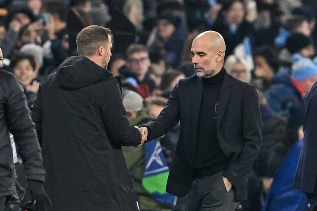 UEFA Champions League Manchester City v F.C. Copenhagen Pep Guardiola manager of Manchester City and Jacob Neestrup manager of FC Copenhagen shake hands at the end of the UEFA Champions League match Manchester City vs F.C. Copenhagen at Etihad Stadium, Manchester, United Kingdom, 6th March 2024 (Photo by Cody Froggatt News Images) Copyright: xCodyxFroggatt NewsxImagesx