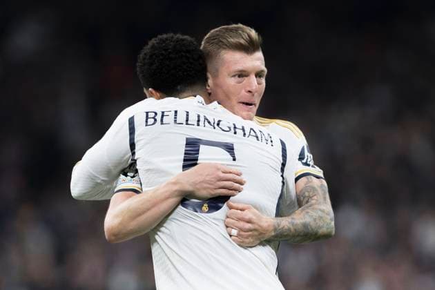 MADRID, SPAIN - MARCH 6:Jude Bellingham of Real Madrid and Jude Bellingham of Real Madrid celebrates a goal during the UEFA CHAMPIONS LEAGUE 2023 24 match between Real Madrid and RB Leipzig at Santiago Bernabeu Stadium. ONLYxEDITORIALxUSAGE  (246413739)