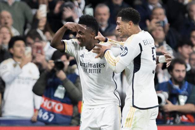 MADRID, SPAIN - MARCH 6: Vinicius jr of Real Madrid and Jude Bellingham of Real Madrid celebrates a goal during the UEFA CHAMPIONS LEAGUE 2023 24 match between Real Madrid and RB Leipzig at Santiago Bernabeu Stadium. ONLYxEDITORIALxUSAGE  (246413747)