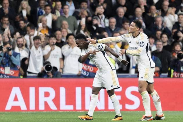 MADRID, SPAIN - MARCH 6: Vinicius jr of Real Madrid and Jude Bellingham of Real Madrid celebrates a goal during the UEFA CHAMPIONS LEAGUE 2023 24 match between Real Madrid and RB Leipzig at Santiago Bernabeu Stadium. ONLYxEDITORIALxUSAGE  (246413763)