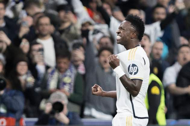 MADRID, SPAIN - MARCH 6: Vinicius jr of Real Madrid celebrates a goal during the UEFA CHAMPIONS LEAGUE 2023 24 match between Real Madrid and RB Leipzig at Santiago Bernabeu Stadium. ONLYxEDITORIALxUSAGE  (246413764)