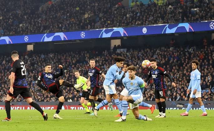 6th March 2024; Etihad Stadium, Manchester, England; Champions League Football, Round of 16, Manchester City versus Copenhagen; Mohamed Elyounoussi of FC Copenhagen fires a shot over the crossbar  ActionPlus12615847 DavidxBlunsden