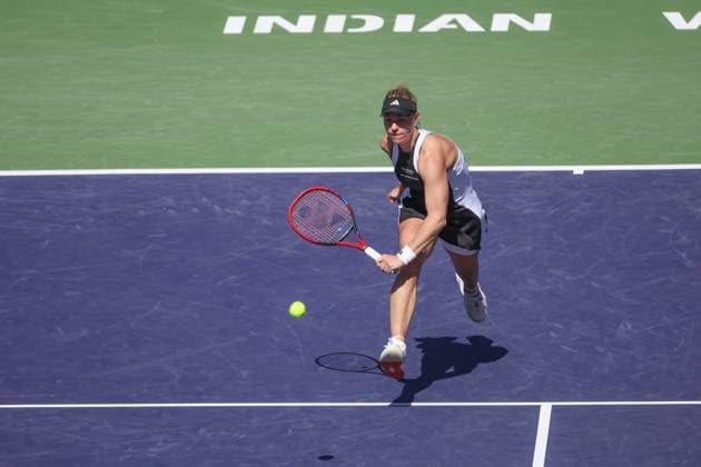 INDIAN WELLS, CA - MARCH 06: Angelique Kerber (GER) hits a backhand during the BNP Paribas Open on March 6, 2024 at Indian Wells Tennis Garden in Indian Wells. CA. (Photo by George Walker Icon Sportswire) TENNIS: MAR 06 BNP Paribas Open EDITORIAL USE ONLY Icon240306019