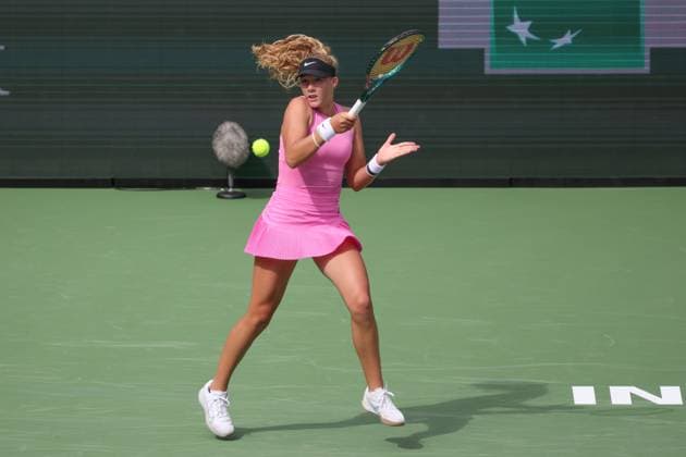 INDIAN WELLS, CA - MARCH 06: Mirra Andreeva hits a forehand during the BNP Paribas Open on March 6, 2024 at Indian Wells Tennis Garden in Indian Wells. CA. (Photo by George Walker Icon Sportswire) TENNIS: MAR 06 BNP Paribas Open EDITORIAL USE ONLY Icon240306030