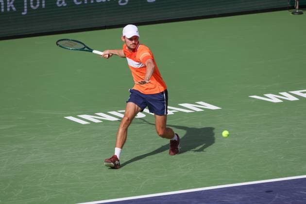 INDIAN WELLS, CA - MARCH 06: David Goffin (BEL) hits a forehand during the BNP Paribas Open on March 6, 2024 at Indian Wells Tennis Garden in Indian Wells. CA. (Photo by George Walker Icon Sportswire) TENNIS: MAR 06 BNP Paribas Open EDITORIAL USE ONLY Icon240306041