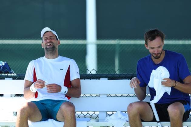 Novak Djokovic (Ser) and Daniil Medvedev TENNIS : Indian Wells 2024 - 06 03 2024 AntoineCouvercelle Panoramic 