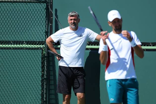 Novak Djokovic (Ser) and Goran Ivanisevic TENNIS : Indian Wells 2024 - 06 03 2024 AntoineCouvercelle Panoramic 