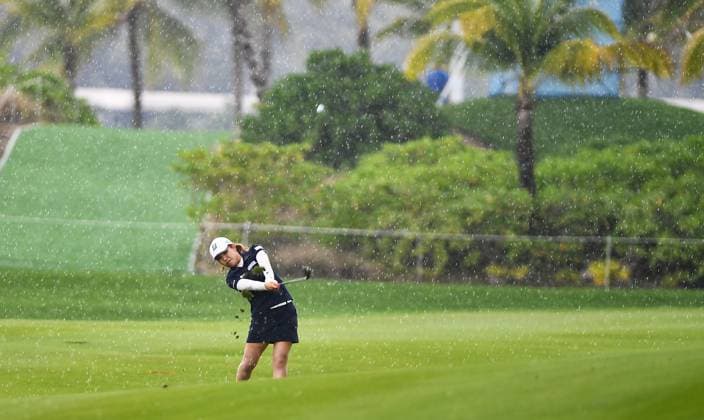 Sport Bilder des Tages (240307) -- LINGSHUI, March 7, 2024 -- Furue Ayaka of Japan plays a shot during the first round of the Blue Bay LPGA, Golf Damen golf tournament in Lingshui, south China s Hainan Province, March 7, 2024. ) (SP)CHINA-HAINAN-LINGSHUI-GOLF-BLUE BAY LPGA (CN) YangxGuanyu 