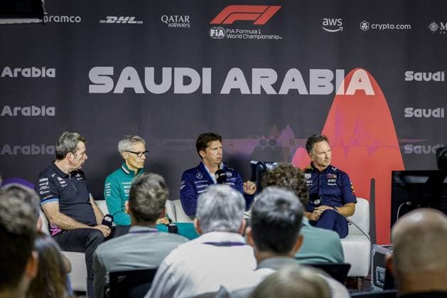 FAMIN Bruno (fra), Team Principal of Alpine F1 Team, KRACK Mike (ger), Team Principal and CEO of Aston Martin F1 Team, VOWLES James, Team Principal of Williams Racing and HORNER Christian (gbr), Team Principal of Red Bull Racing, portrait, press conference, PK, Pressekonferenz during the Formula 1 STC Saudi Arabian Grand Prix 2024, 2nd round of the 2024 Formula One World Championship, WM, Weltmeisterschaft from March 7 to 9, 2024 on the Jeddah Corniche Circuit, in Jeddah, Saudi Arabia - F1 - SAUDI ARABIAN GRAND PRIX 2024 DPPI Panoramic 240307_R02_SAUDI__LF39000