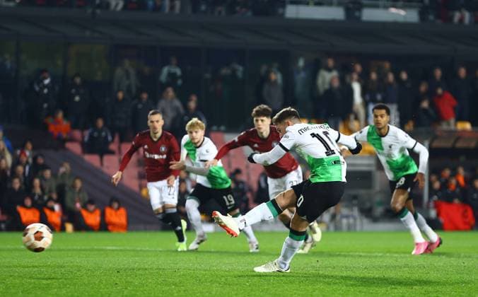 Alexis Mac Allister of Liverpool scores a goal to make the score 0-1 Sparta Prague v Liverpool, UEFA Europa League, Round of 16, First Leg, Football, epet ARENA, Prague, Czech Republic - 07 Mar 2024 EDITORIAL USE ONLY No use with unauthorised audio, video, data, fixture lists, club league logos or live services. Online in-match use limited to 120 images, no video emulation. No use in betting, games or single club league player publications. Copyright: xKieranxMcManus Shutterstockx 14373656n