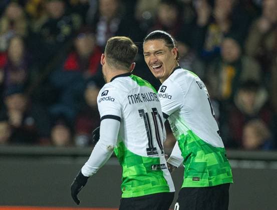 Football - UEFA Europa League - Round of 16 1st Leg - AC Sparta Praha v Liverpool FC PRAGUE, CZECH REPUBLIC - Thursday, March 7, 2024: Liverpool s Alexis Mac Allister (L) celebrates with team-mate Darwin Nunez after scoring the first goal during the UEFA Europa League Round of 16 1st Leg match between AC Sparta Praha and Liverpool FC at Stadion Letna. (Photo by David Rawcliffe Propaganda) PRAGUE Stadion Letna BOHEMIA CZECH REPUBLIC  Copyright: xDavidxRawcliffex P2024-03-07-Sparta_Prague_Liverpool-47
