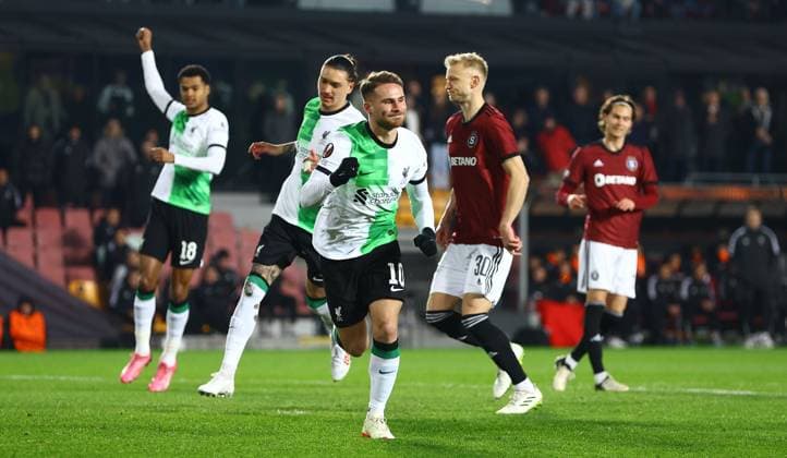 Alexis Mac Allister of Liverpool celebrates scoring a goal to make the score 0-1 Sparta Prague v Liverpool, UEFA Europa League, Round of 16, First Leg, Football, epet ARENA, Prague, Czech Republic - 07 Mar 2024 EDITORIAL USE ONLY No use with unauthorised audio, video, data, fixture lists, club league logos or live services. Online in-match use limited to 120 images, no video emulation. No use in betting, games or single club league player publications. Copyright: xKieranxMcManus Shutterstockx 14373656r