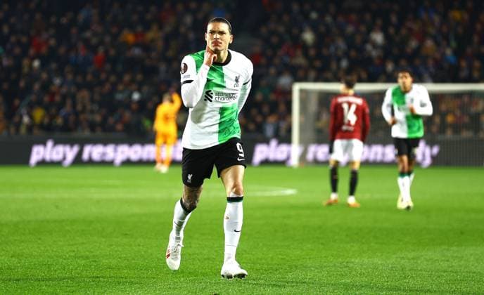 Darwin Nunez of Liverpool celebrates scoring a goal to make the score 0-2 Sparta Prague v Liverpool, UEFA Europa League, Round of 16, First Leg, Football, epet ARENA, Prague, Czech Republic - 07 Mar 2024 EDITORIAL USE ONLY No use with unauthorised audio, video, data, fixture lists, club league logos or live services. Online in-match use limited to 120 images, no video emulation. No use in betting, games or single club league player publications. Copyright: xKieranxMcManus Shutterstockx 14373656x